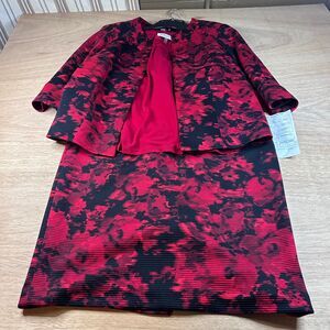 Kasper Women’s 3-Piece Skirt Suit Set Red Black Floral Blazer Skirt Tank 10/12 M